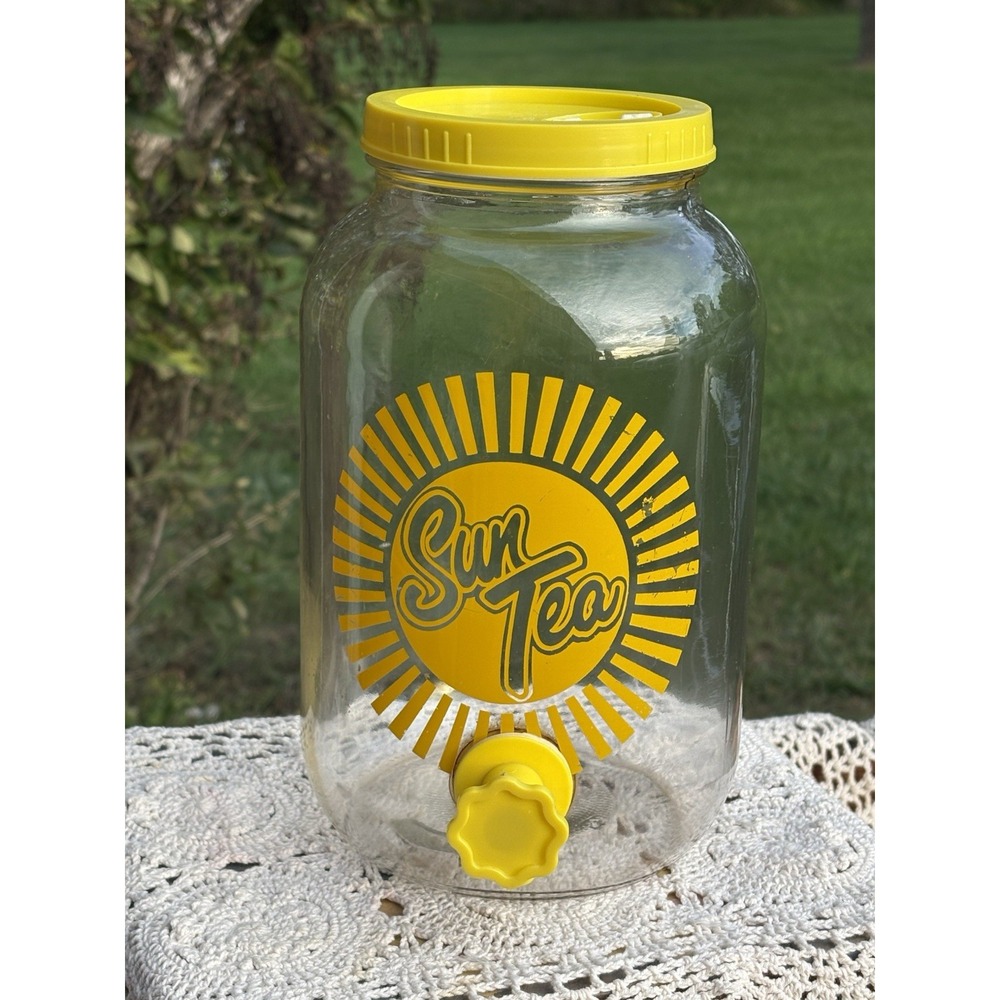 Vintage SUN TEA Glass Dispenser Jar Yellow 1 Gallon Dispenser